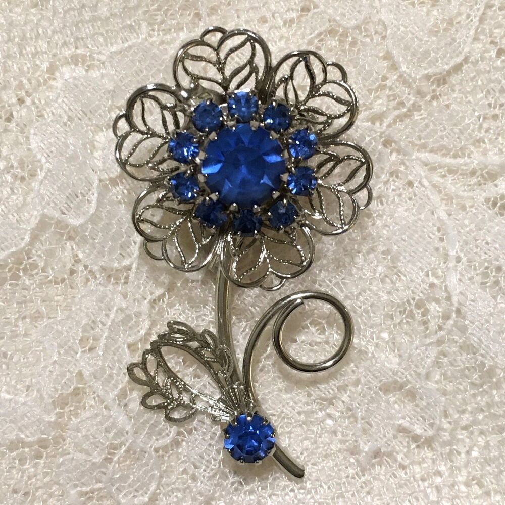 Vintage Blue rhinestone Floral Silver Tone Brooch 2" Filigree prong set